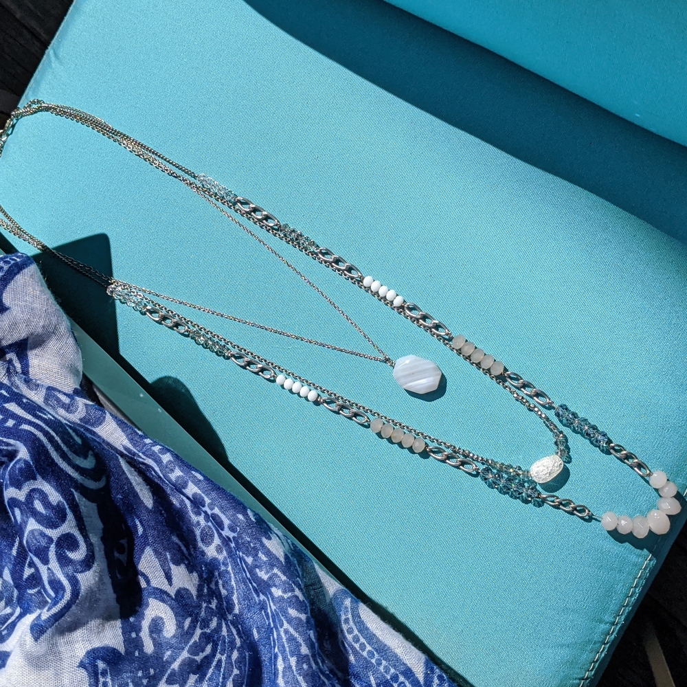 Ann Taylor LOFT 3 Strand Silver Necklace with White & Gray Stone Beads